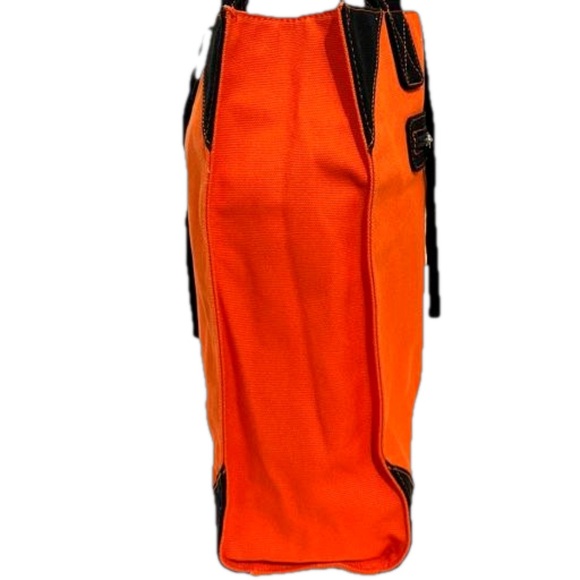 Izak Zenou Orange Canvas Tote Bad with Brown Faux Leather Handles - Picture 4 of 9